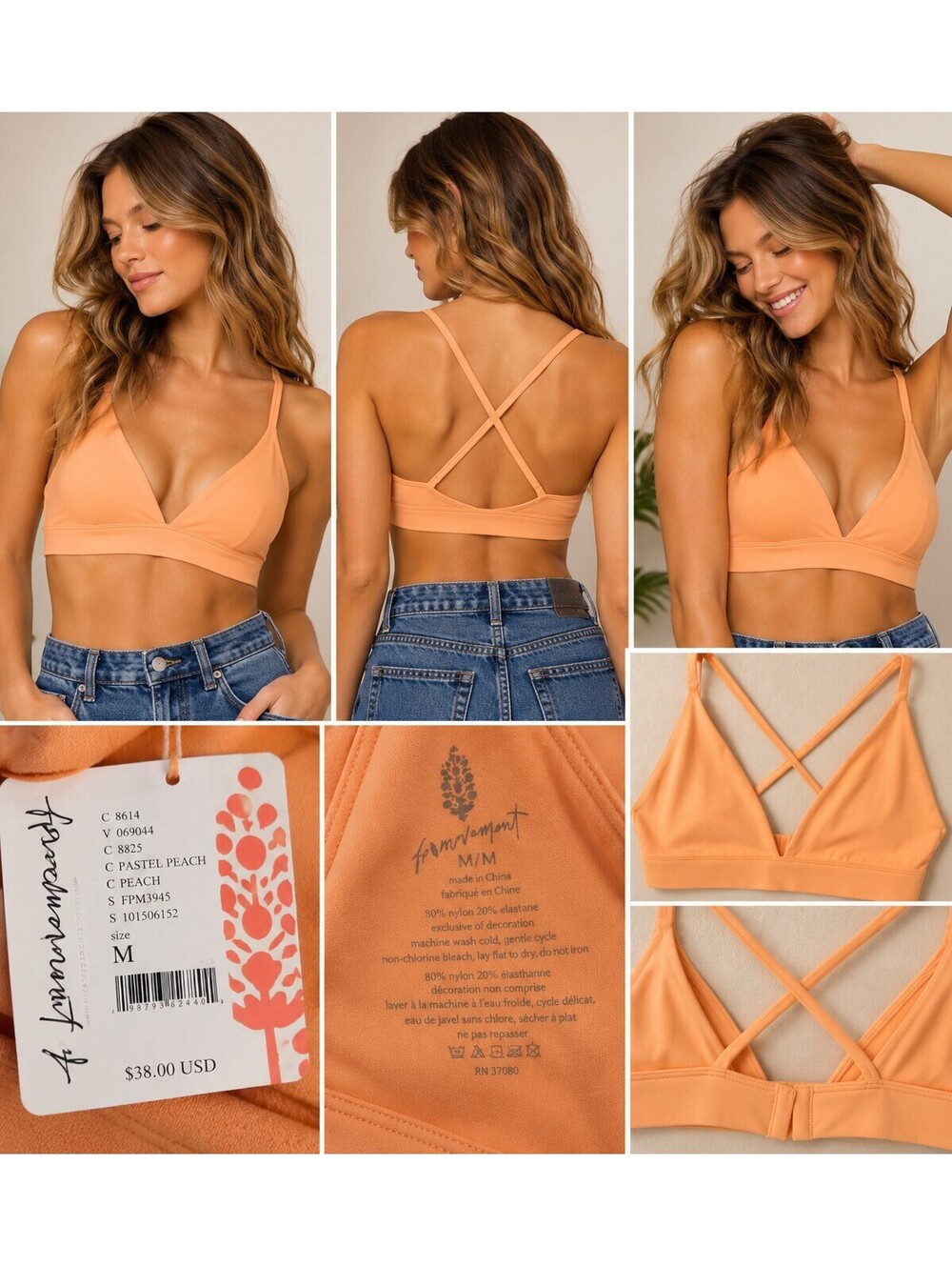 Free People NWT Peach Strappy Bralette sz medium